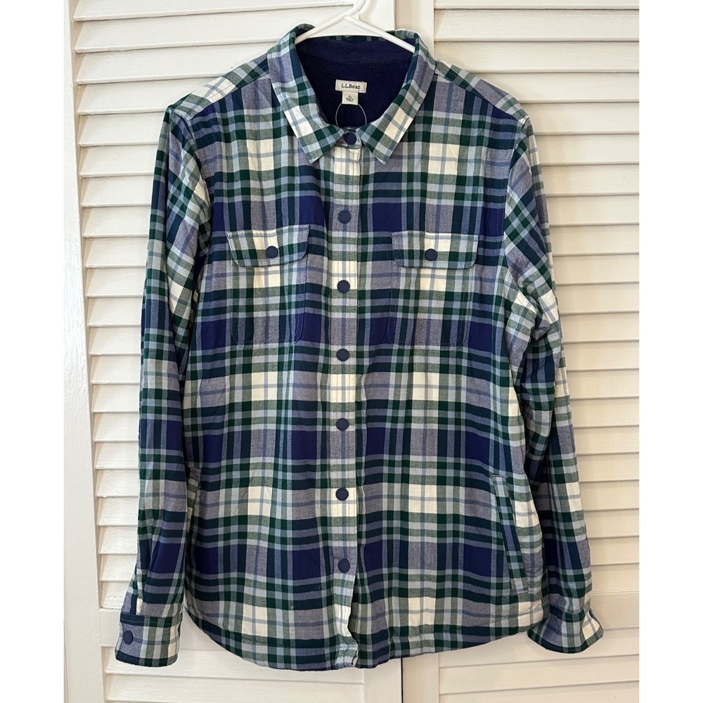 LL Bean Men's Size L Navy Green Plaid Fleece Lined Shacket Shirt Jacket Snaps